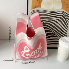Love Pattern Colorblock Knitted Bag Lightweight Crochet Storage Bag