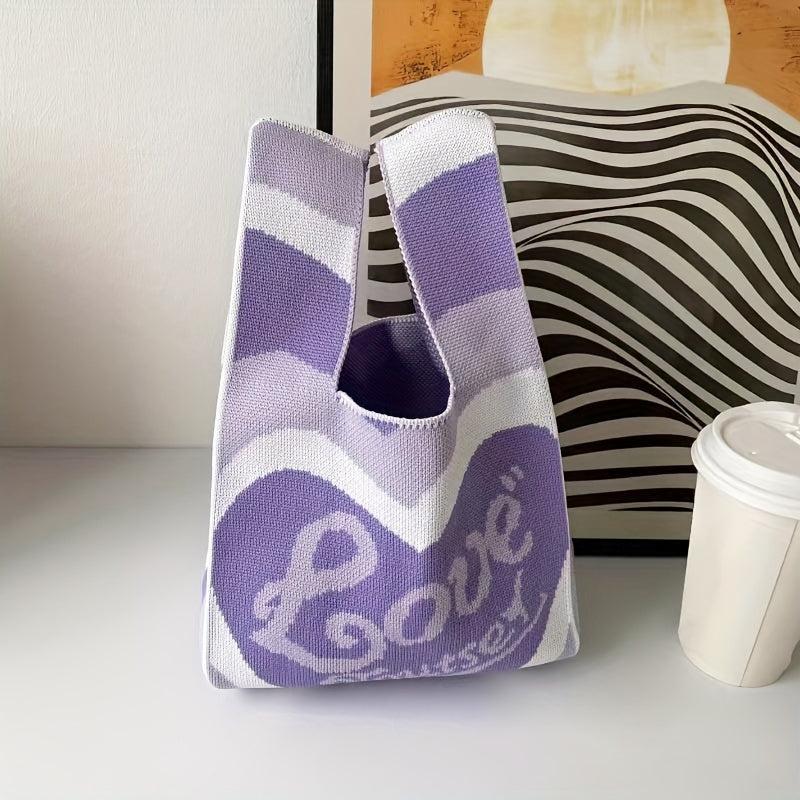 Love Pattern Colorblock Knitted Bag Lightweight Crochet Storage Bag