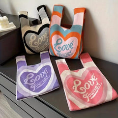 Love Pattern Colorblock Knitted Bag Lightweight Crochet Storage Bag