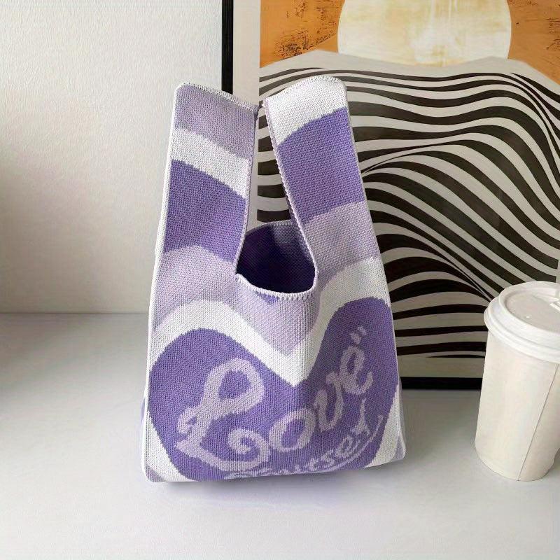 Love Pattern Colorblock Knitted Bag Lightweight Crochet Storage Bag