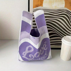 Love Pattern Colorblock Knitted Bag Lightweight Crochet Storage Bag