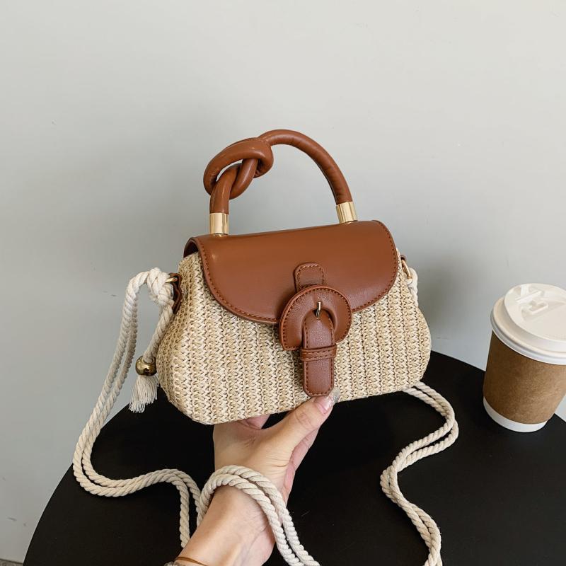 Mini Straw Handbag Braided Strap Crossbody Bag Knot Handle Flap Purse