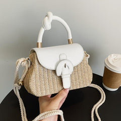 Mini Straw Handbag Braided Strap Crossbody Bag Knot Handle Flap Purse