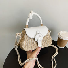 Mini Straw Handbag Braided Strap Crossbody Bag Knot Handle Flap Purse