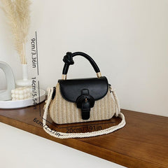 Mini Straw Handbag Braided Strap Crossbody Bag Knot Handle Flap Purse