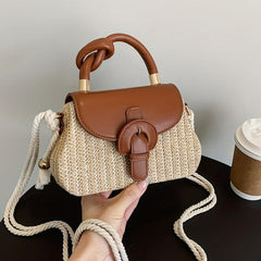 Mini Straw Handbag Braided Strap Crossbody Bag Knot Handle Flap Purse