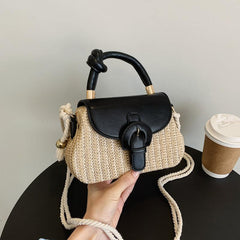 Mini Straw Handbag Braided Strap Crossbody Bag Knot Handle Flap Purse