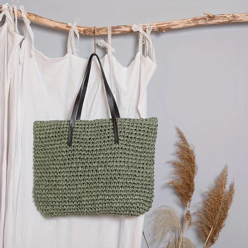 Large Capacity Straw Tote Bag Woven Handbag Travel Storage Bag