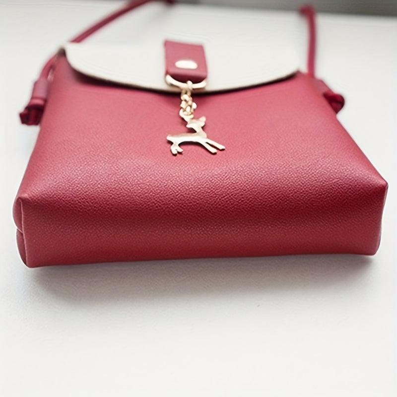 Square Shoulder Bag Metal Deer Decor Flap Phone Crossbody Bag
