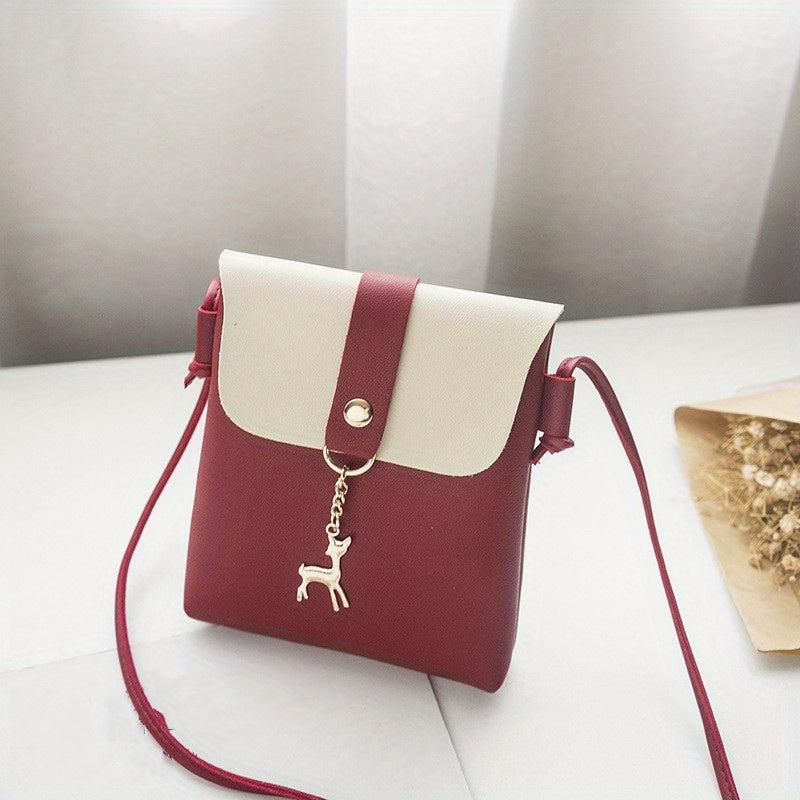 Square Shoulder Bag Metal Deer Decor Flap Phone Crossbody Bag