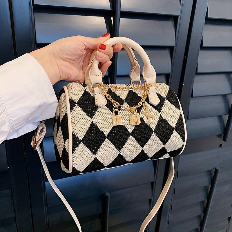 Argyle Woven Boston Bag Casual Checkered Pattern Handbag Women's Shoulder Purse