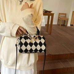 Argyle Woven Boston Bag Casual Checkered Pattern Handbag Women's Shoulder Purse
