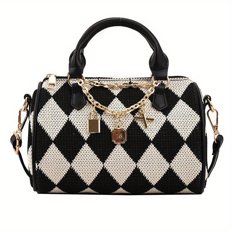 Argyle Woven Boston Bag Casual Checkered Pattern Handbag Women's Shoulder Purse