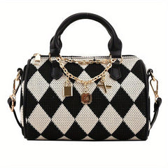 Argyle Woven Boston Bag Casual Checkered Pattern Handbag Women's Shoulder Purse