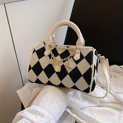 Argyle Woven Boston Bag Casual Checkered Pattern Handbag Women's Shoulder Purse