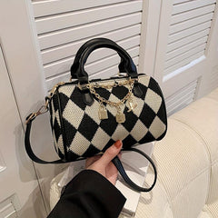 Argyle Woven Boston Bag Casual Checkered Pattern Handbag Women's Shoulder Purse