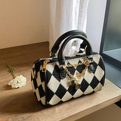 Argyle Woven Boston Bag Casual Checkered Pattern Handbag Women's Shoulder Purse
