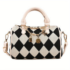 Argyle Woven Boston Bag Casual Checkered Pattern Handbag Women's Shoulder Purse