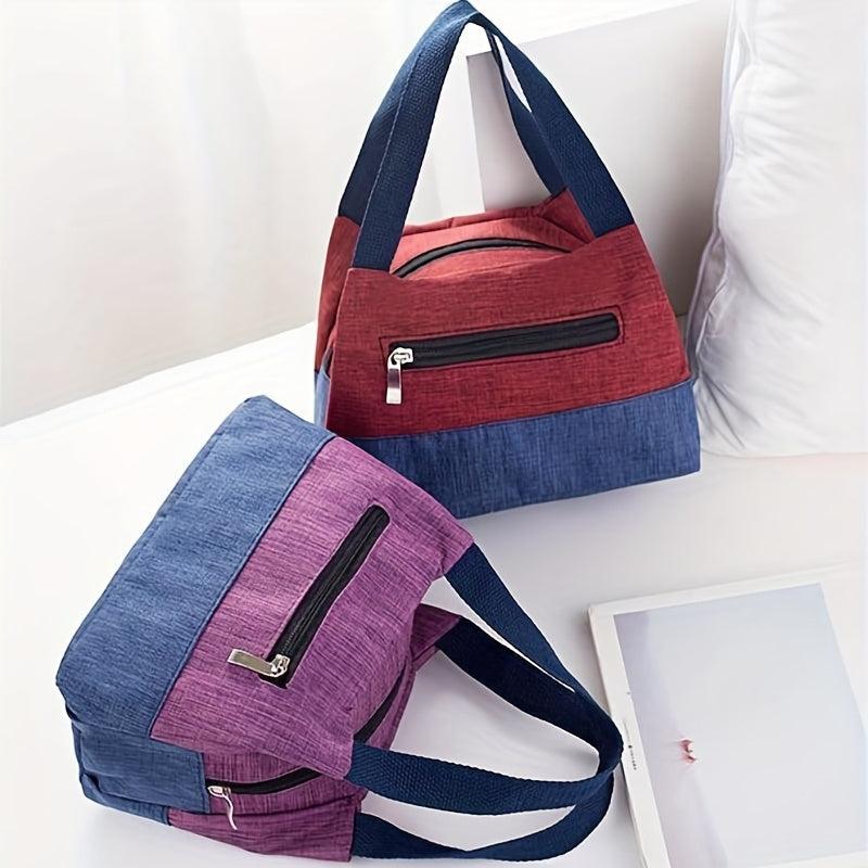 Colorblock Lunch Box Bag Portable Canvas Handbags Storage Bag