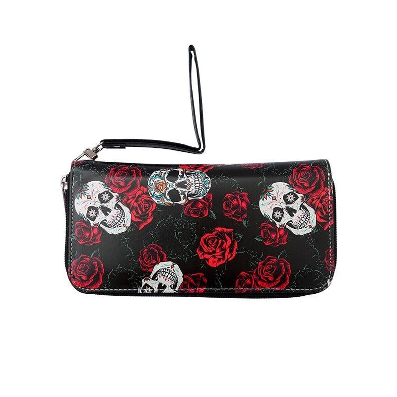 Rose Flower Skull Print Long Wallet Halloween Ghost Skeleton Pattern