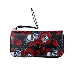 Rose Flower Skull Print Long Wallet Halloween Ghost Skeleton Pattern