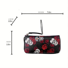 Rose Flower Skull Print Long Wallet Halloween Ghost Skeleton Pattern