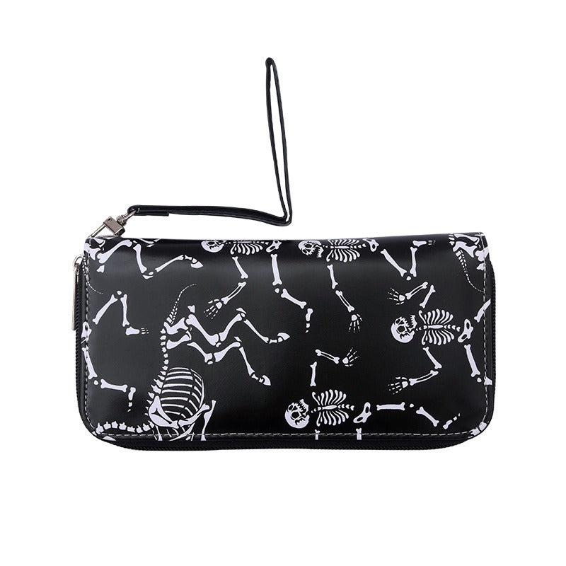 Rose Flower Skull Print Long Wallet Halloween Ghost Skeleton Pattern