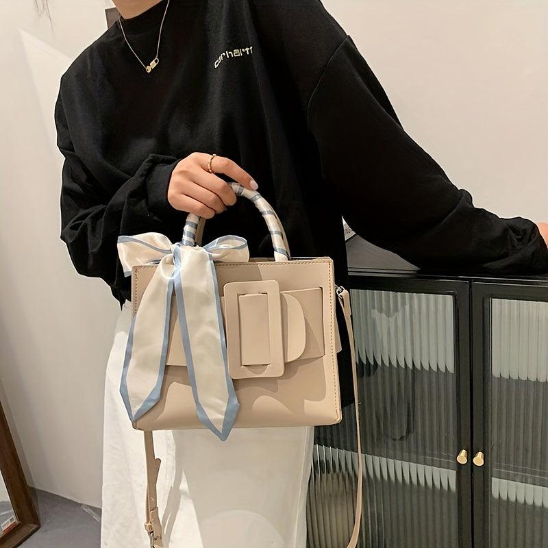 Square Handbag Minimalist Bag With Buckle & Scarf Decor