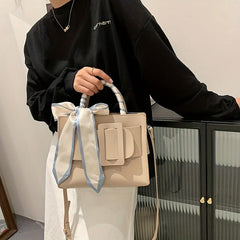 Square Handbag Minimalist Bag With Buckle & Scarf Decor