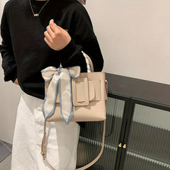 Square Handbag Minimalist Bag With Buckle & Scarf Decor