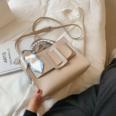 Square Handbag Minimalist Bag With Buckle & Scarf Decor