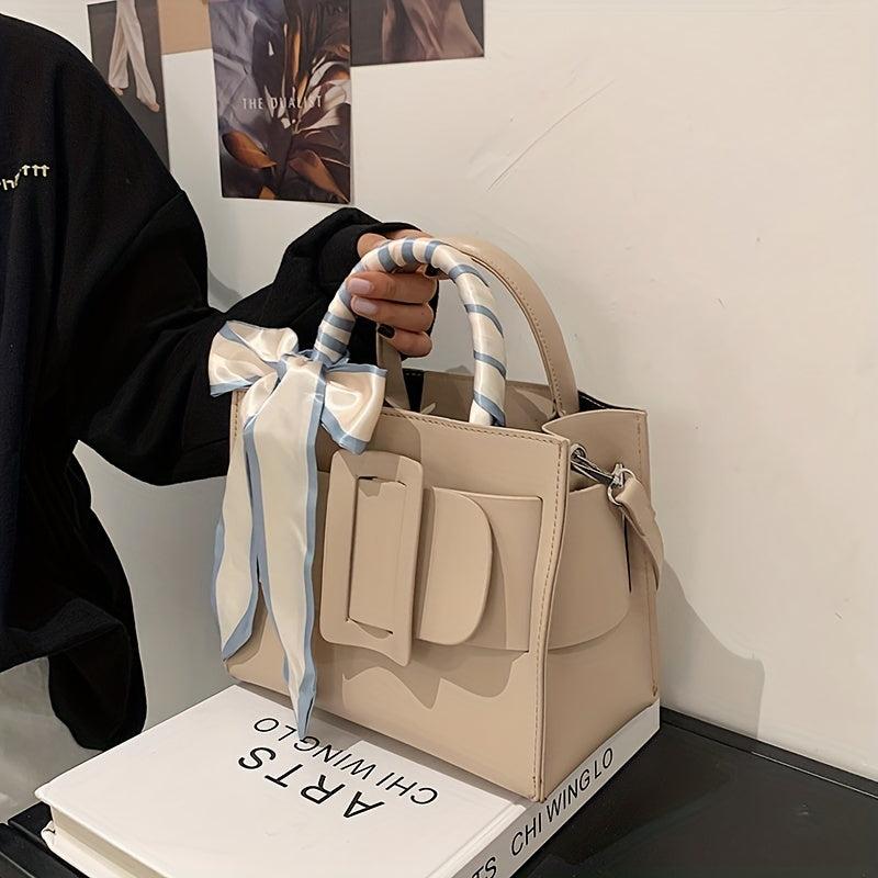 Square Handbag Minimalist Bag With Buckle & Scarf Decor