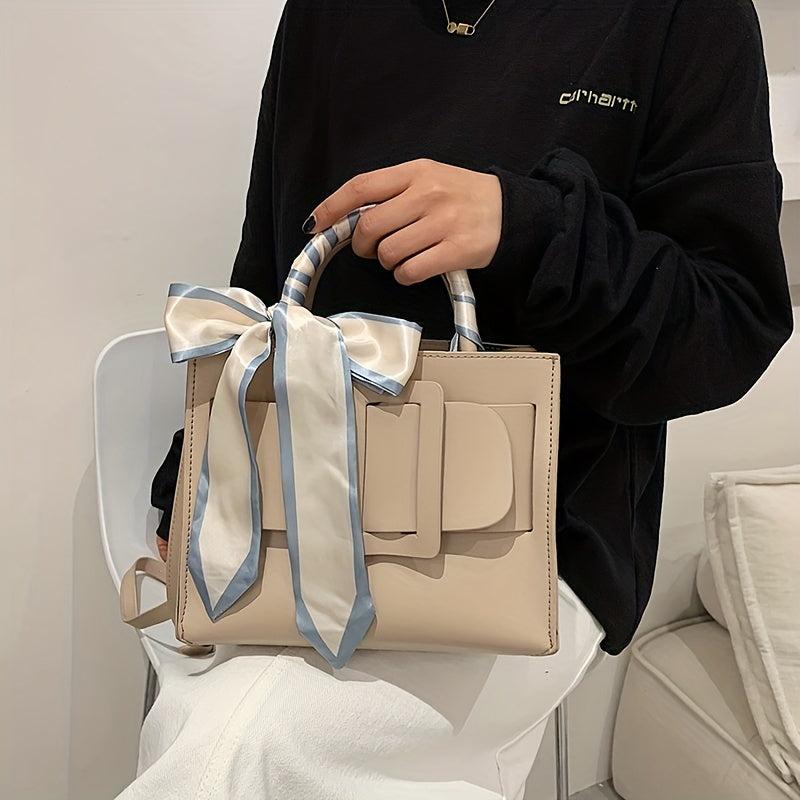 Square Handbag Minimalist Bag With Buckle & Scarf Decor