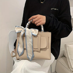 Square Handbag Minimalist Bag With Buckle & Scarf Decor