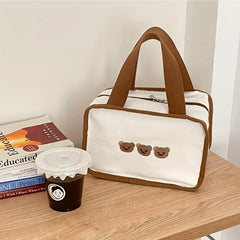 Embroidery Bear Lunch Bag Portable Canvas Storage Bag