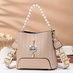 Pearl Handle Crossbody Bag PU Leather Textured Bag Classic Shoulder Bag