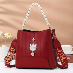 Pearl Handle Crossbody Bag PU Leather Textured Bag Classic Shoulder Bag