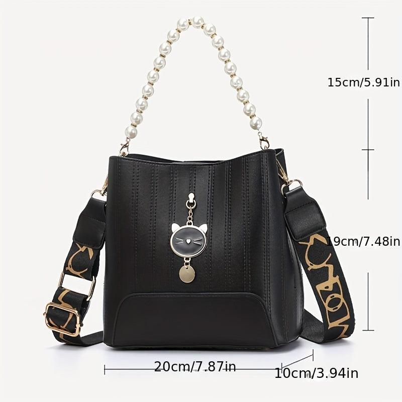 Pearl Handle Crossbody Bag PU Leather Textured Bag Classic Shoulder Bag
