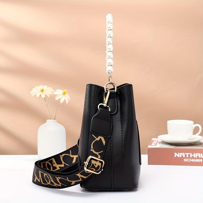 Pearl Handle Crossbody Bag PU Leather Textured Bag Classic Shoulder Bag