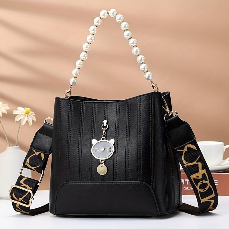 Pearl Handle Crossbody Bag PU Leather Textured Bag Classic Shoulder Bag
