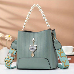 Pearl Handle Crossbody Bag PU Leather Textured Bag Classic Shoulder Bag