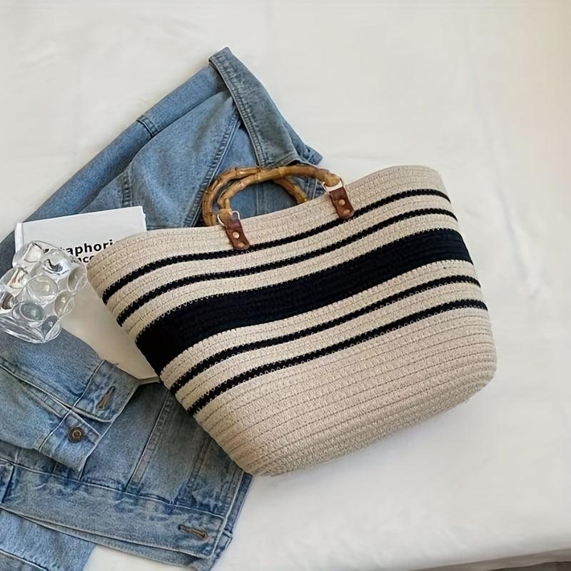 Striped Pattern Straw Bag Bamboo Handle Woven Tote Beach Bag