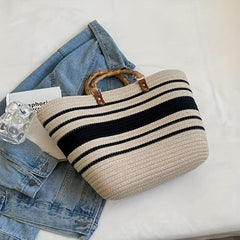 Striped Pattern Straw Bag Bamboo Handle Woven Tote Beach Bag