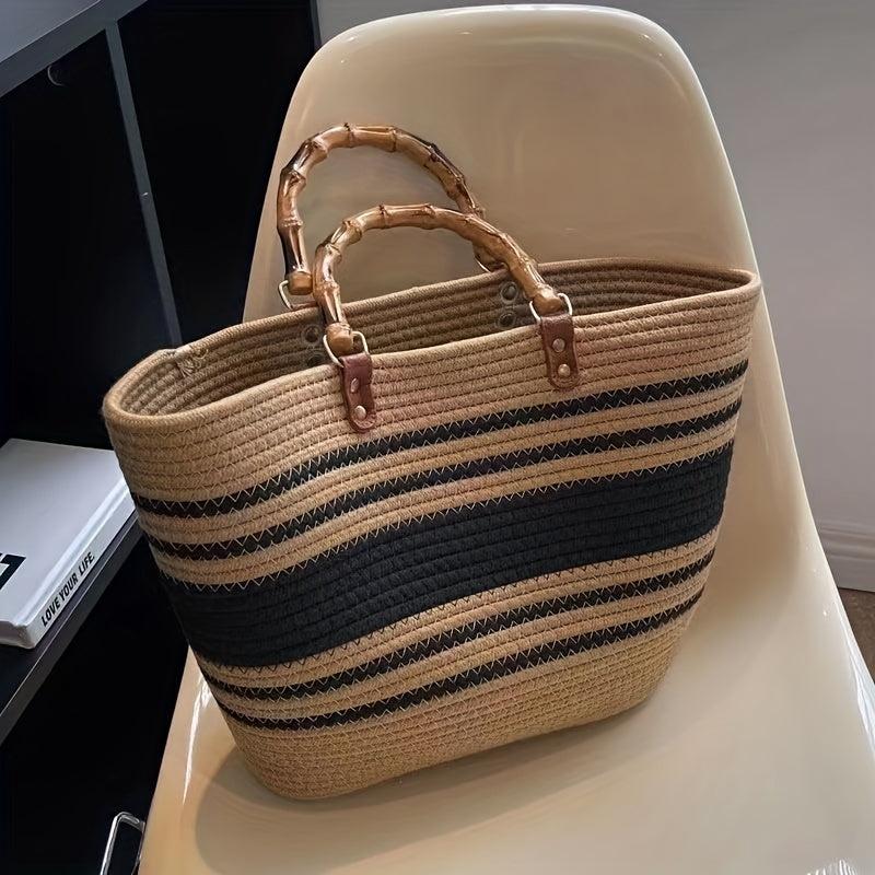 Striped Pattern Straw Bag Bamboo Handle Woven Tote Beach Bag