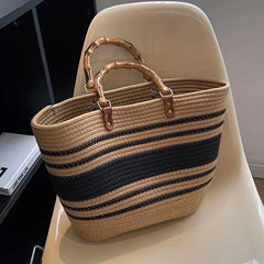 Striped Pattern Straw Bag Bamboo Handle Woven Tote Beach Bag