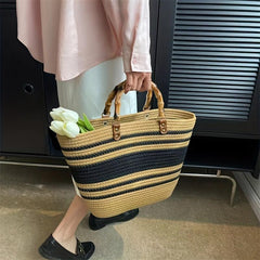 Striped Pattern Straw Bag Bamboo Handle Woven Tote Beach Bag