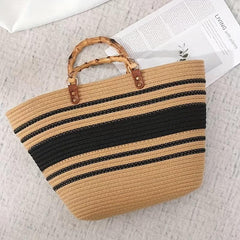 Striped Pattern Straw Bag Bamboo Handle Woven Tote Beach Bag
