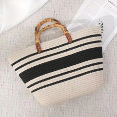 Striped Pattern Straw Bag Bamboo Handle Woven Tote Beach Bag