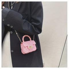 Argyle Pattern Mini Square Bag with Turn Lock Satchel Chain Bag