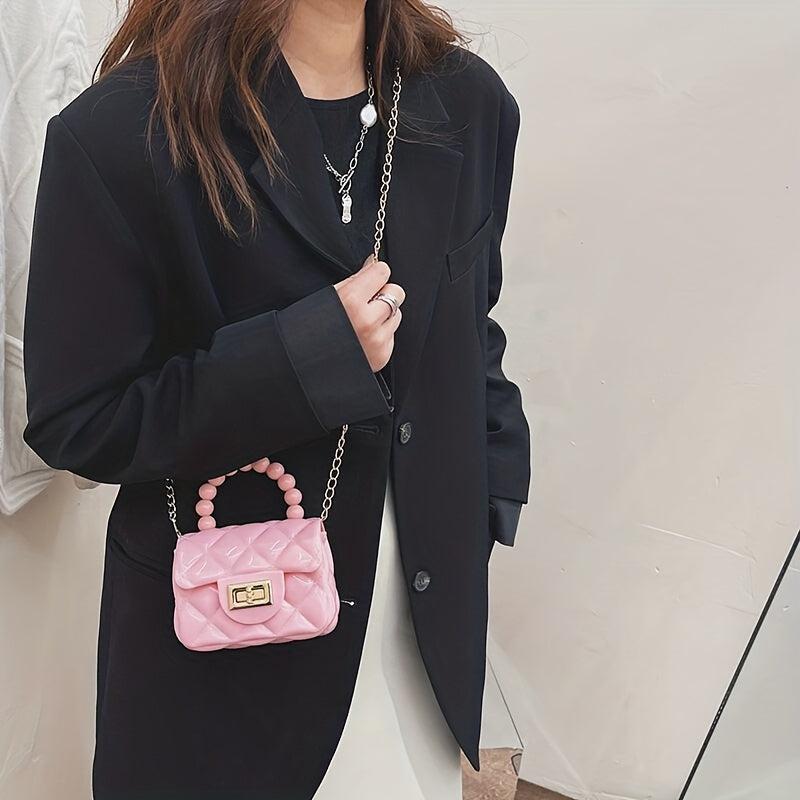 Argyle Pattern Mini Square Bag with Turn Lock Satchel Chain Bag